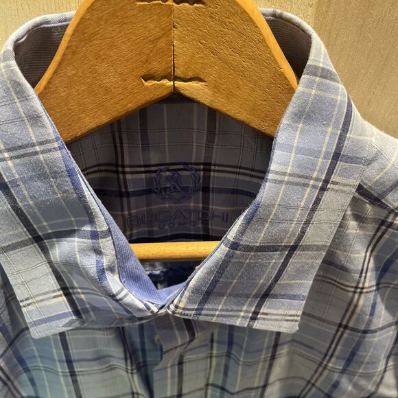 NEW no tags Bugatchi Men’s Classic Fit Blue White Plaid Check Shirt Size Large - Picture 5 of 7